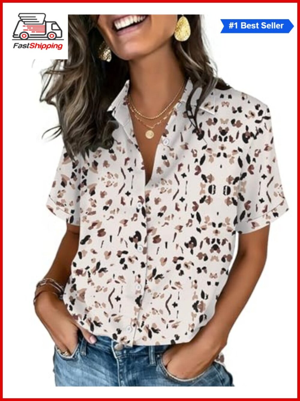 ✨ Women's Zeagoo Short Sleeve Button Down Blouse V-Neck Polka Dots Top